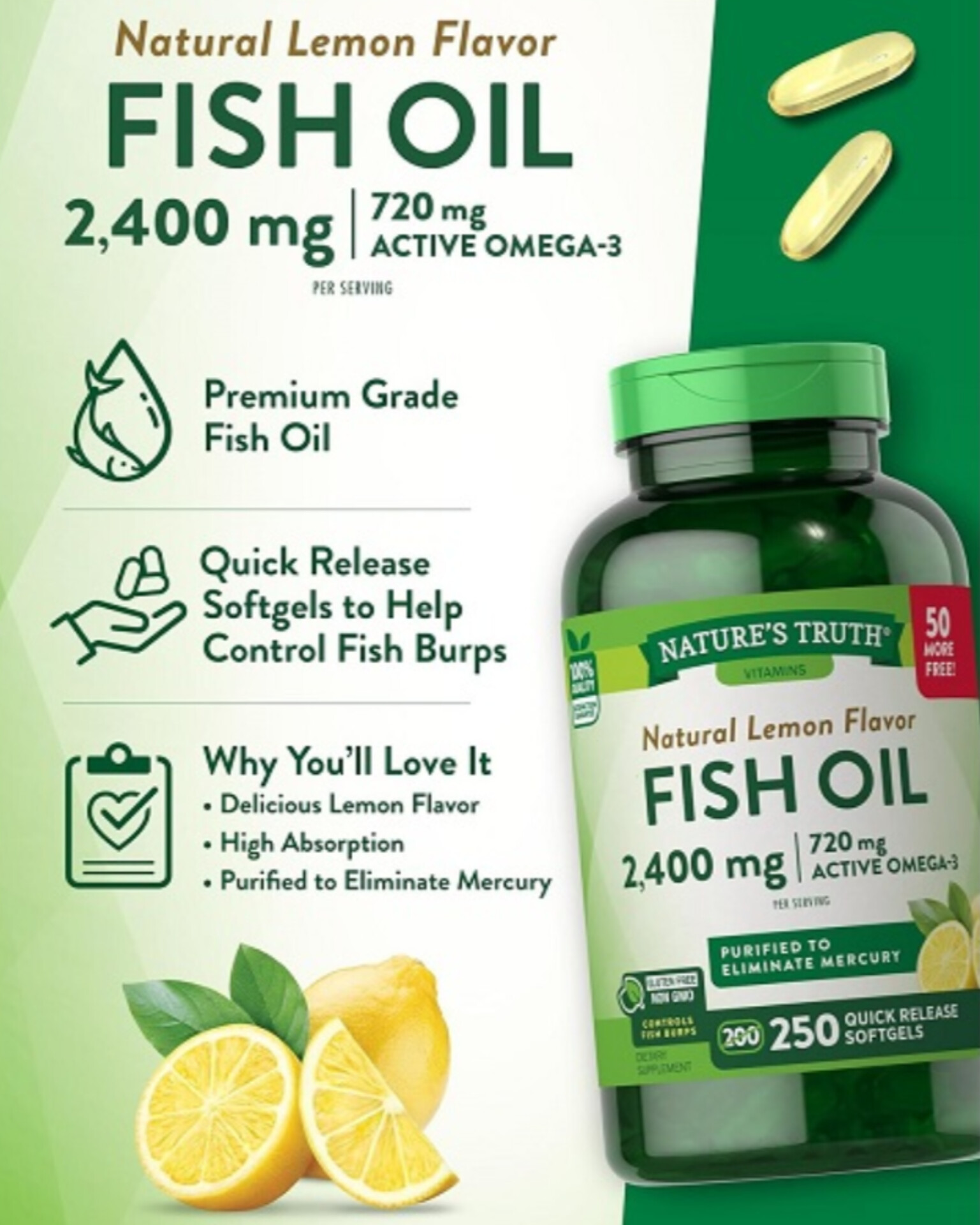 امگا 3 نیچرز تروث 2400 میلی گرم | Nature’s Truth Vitamins Natural Lemon 250 softgels