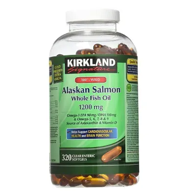 روغن ماهی سالمون آلاسکا کرکلند Kirkland Signature 100% Wild Alaskan Salmon Whole Fish Oil از سلامت قلب و عملکرد مغز شما حمایت می کند.  این مکمل روغن ماهی قزل آلا، امگا 3 (EPA و DHA)، امگا 5 6 7 8 9، آستاگزانتین و ویتامین D3 را برای بسیاری از مزایای سلامتی دیگر فراهم می کند.  تعداد :320 عدد